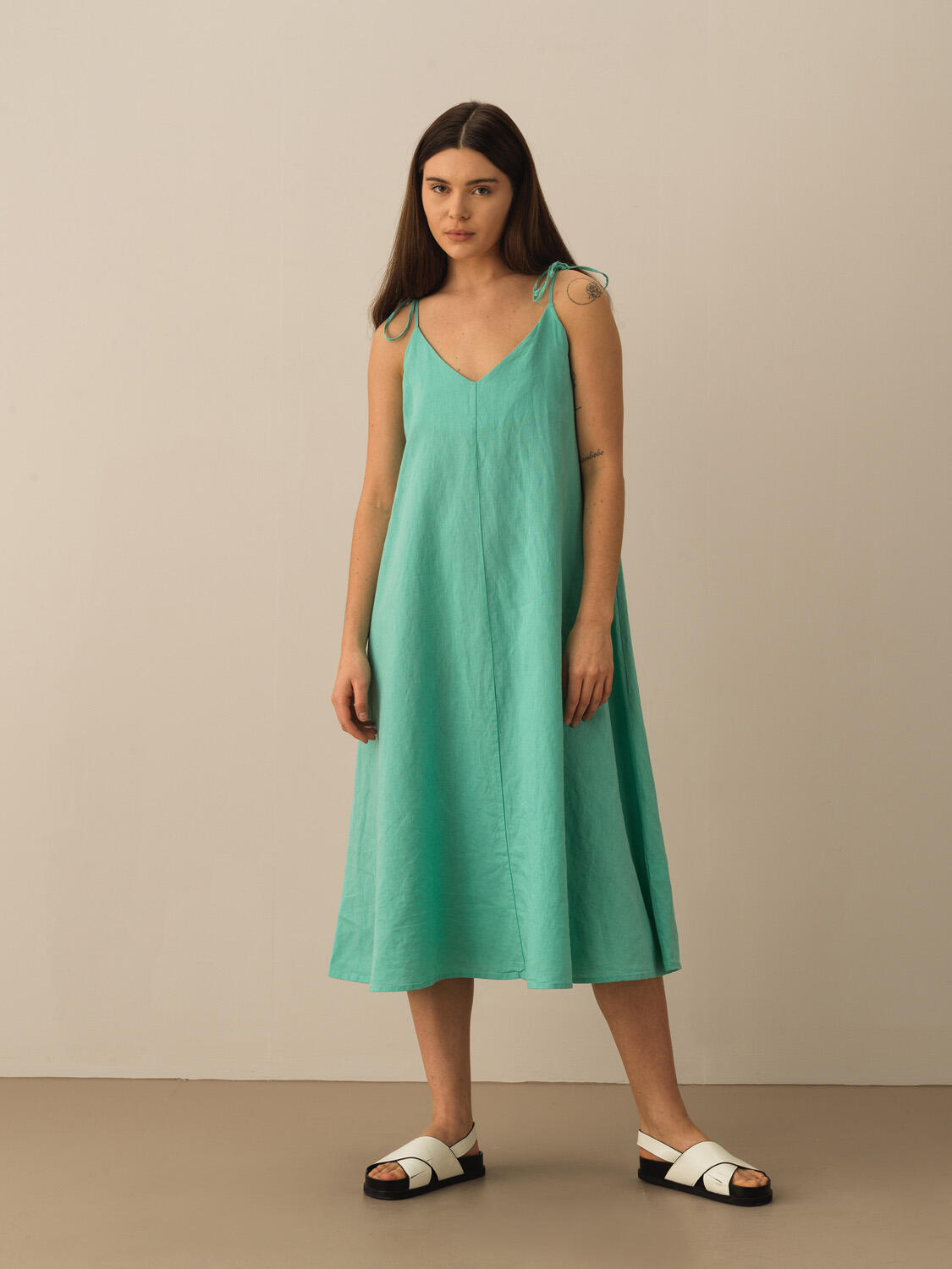 Turkuaz %100 Keten Oversize Elbise