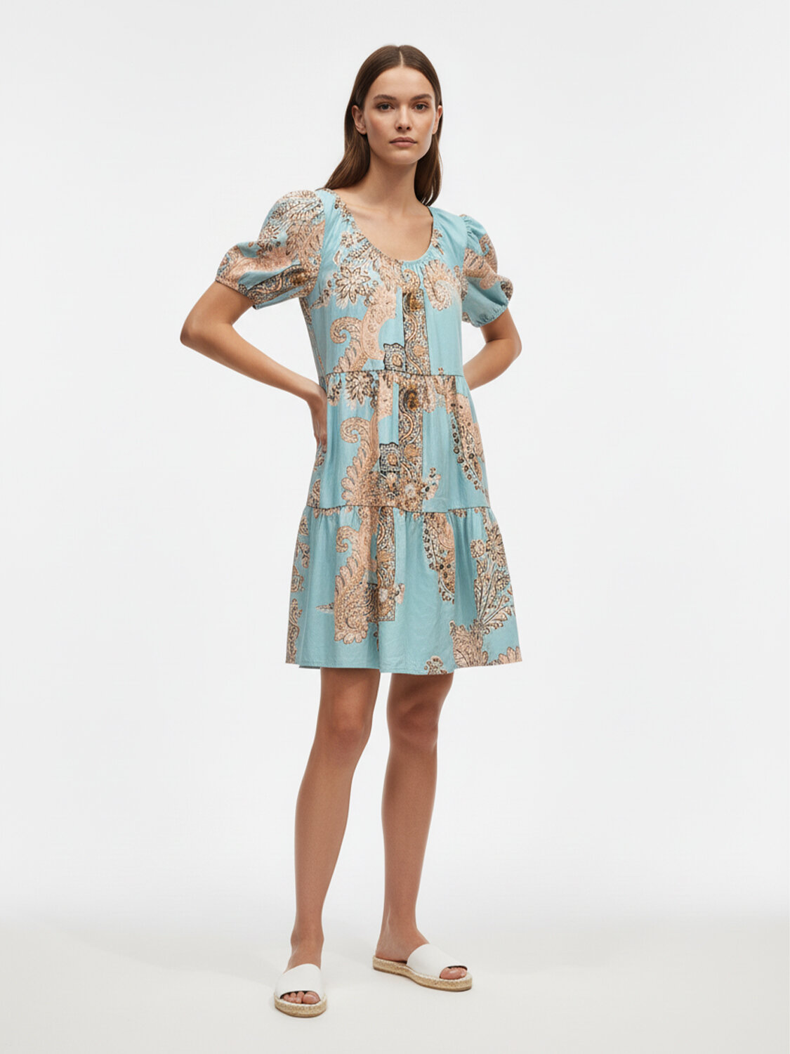 Turkuaz Pamuk Dokulu Oversize Elbise - 4