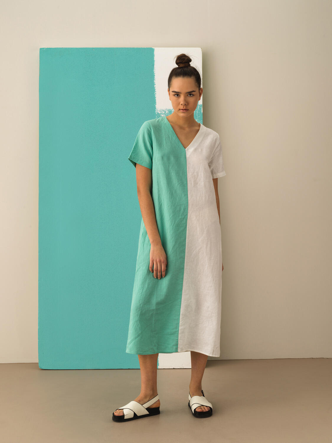 Turkuaz %100 Keten Regular Fit Elbise