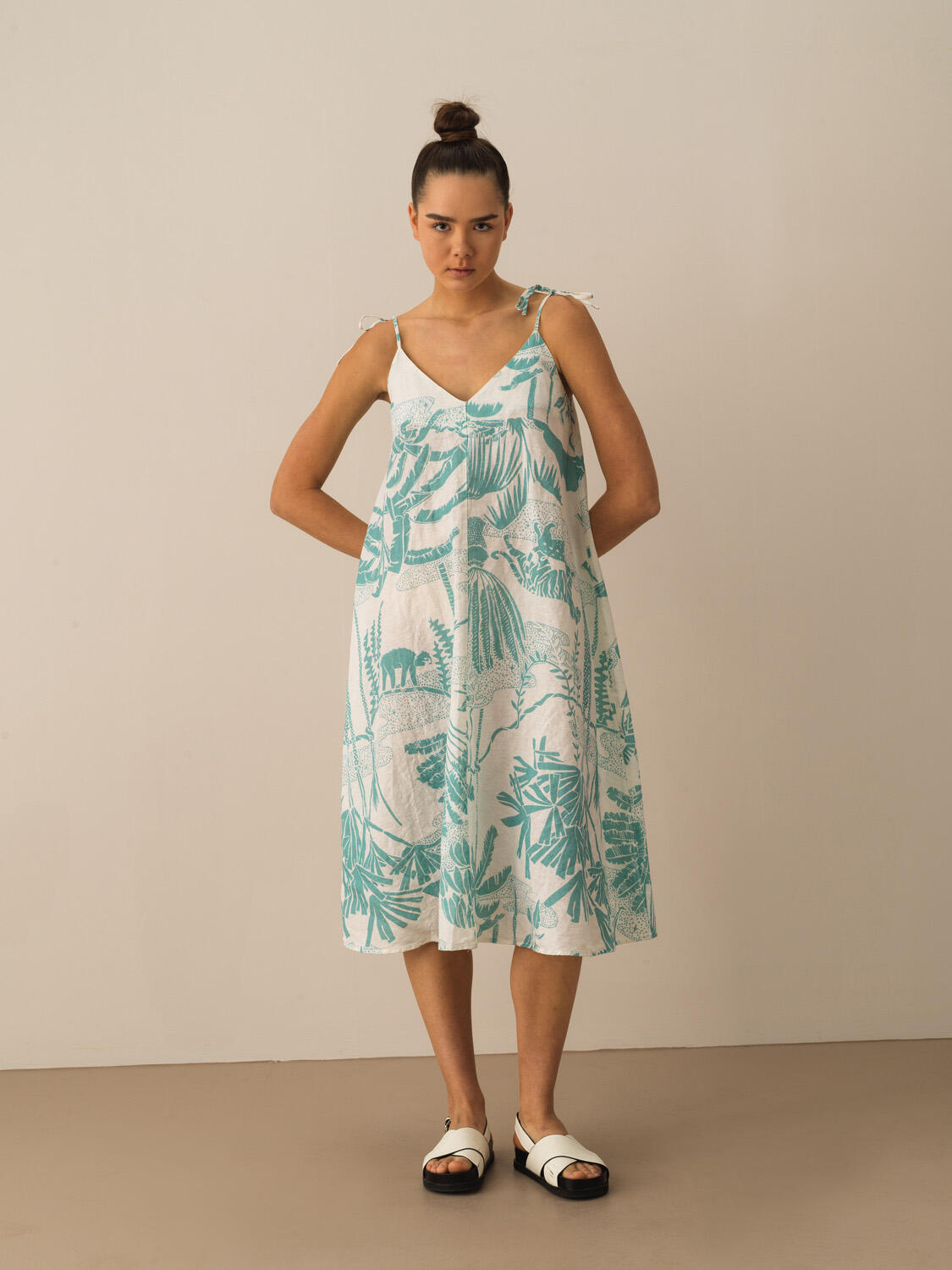 Turkuaz %100 Keten Regular Fit Elbise