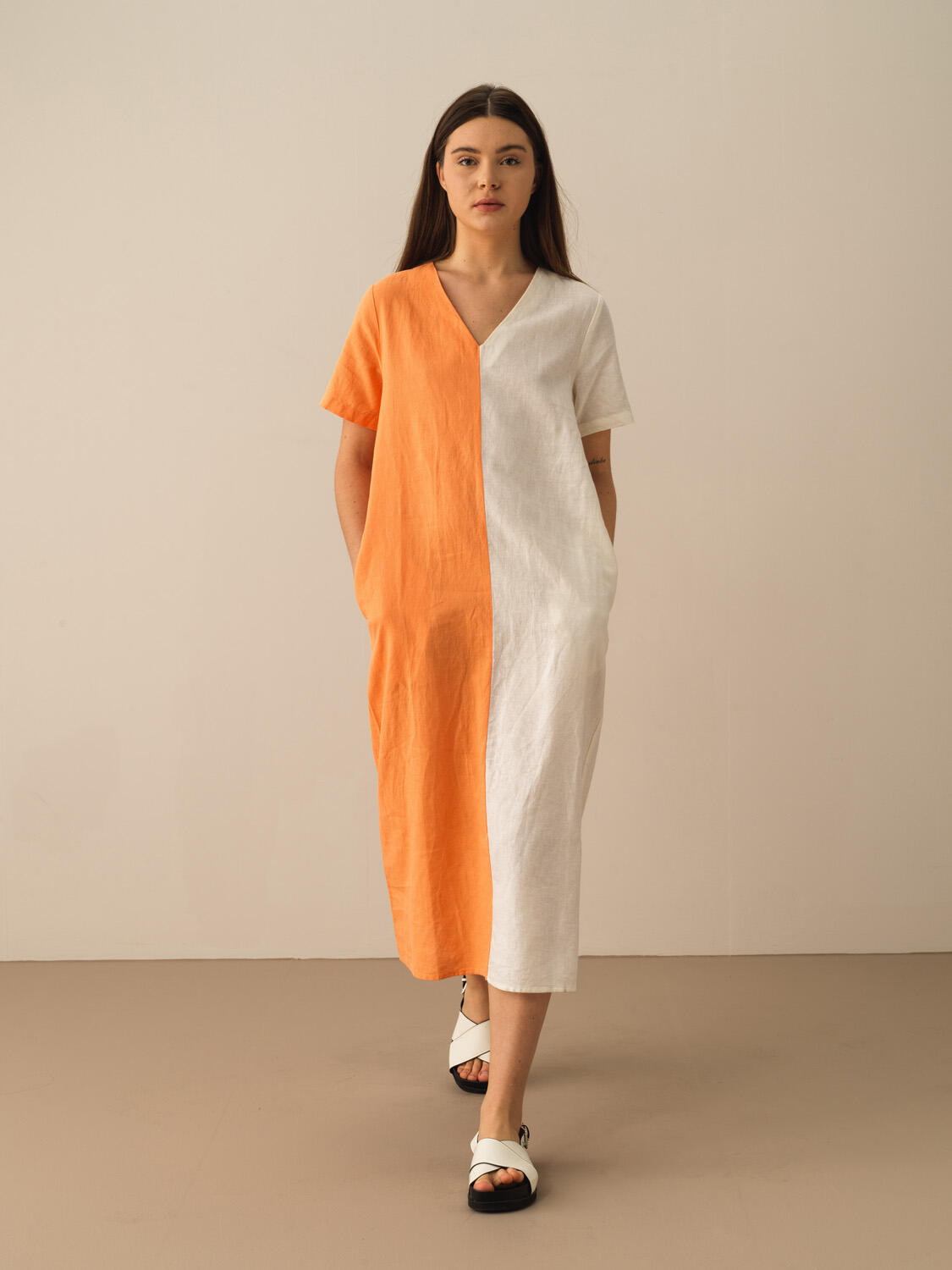 Turuncu %100 Keten Regular Fit Elbise