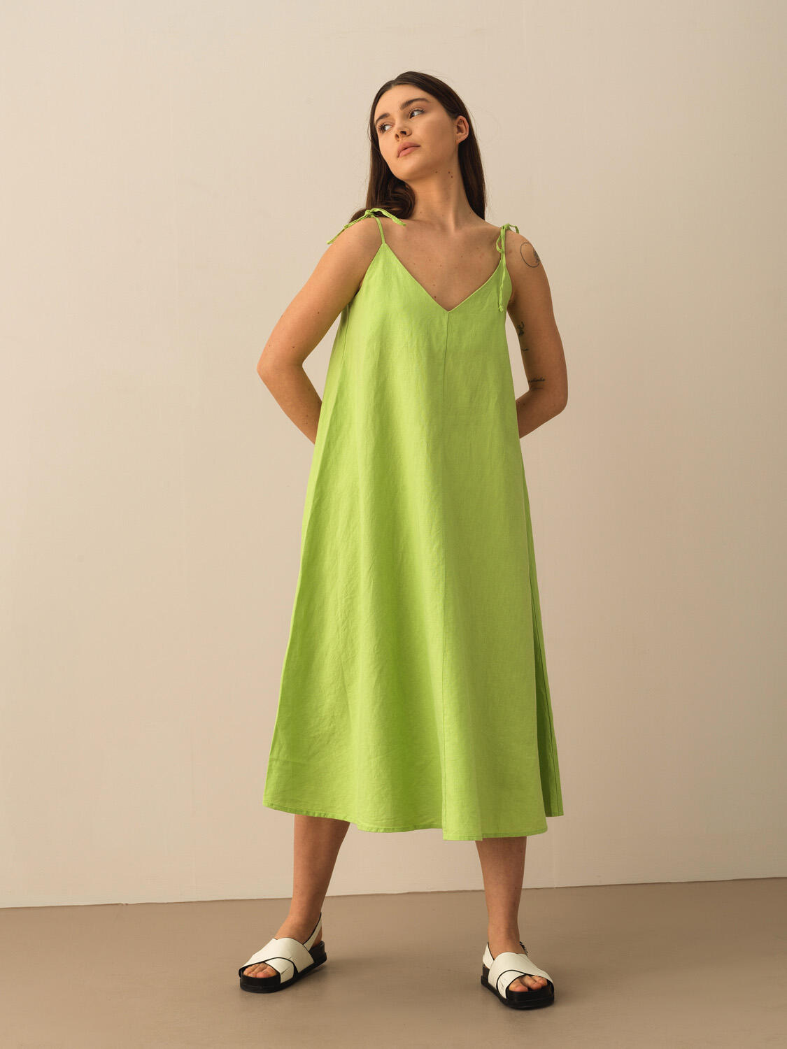 Yeşil %100 Keten Oversize Elbise
