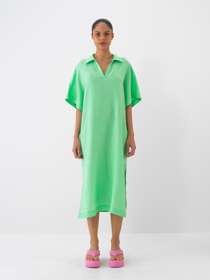 Yeşil %100 Keten Oversize Elbise