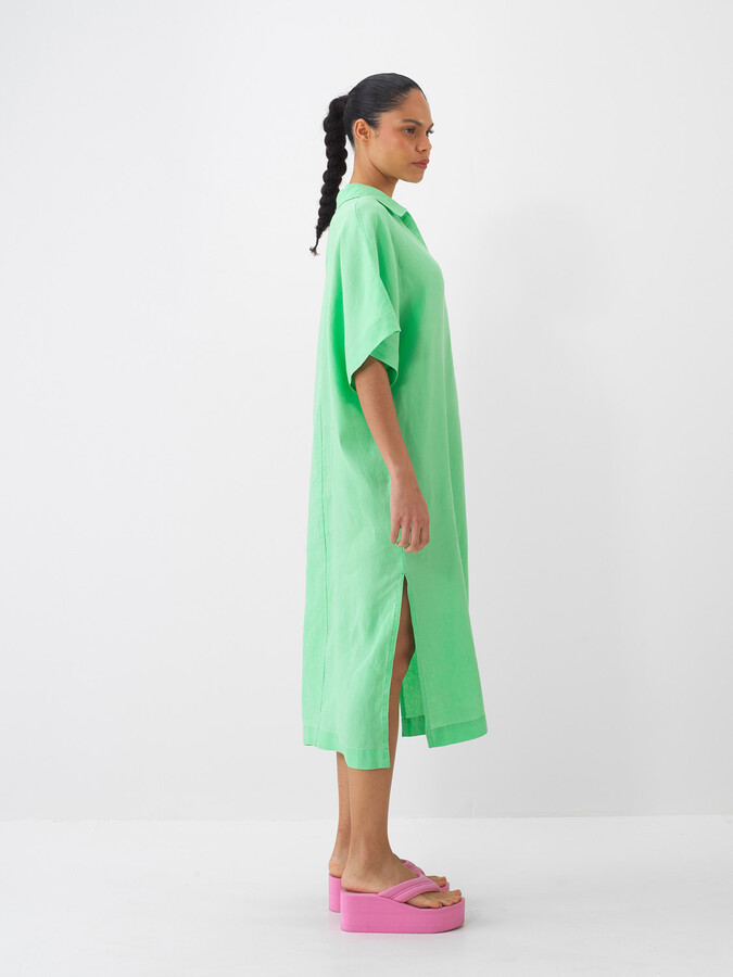 Yeşil %100 Keten Oversize Elbise (1)