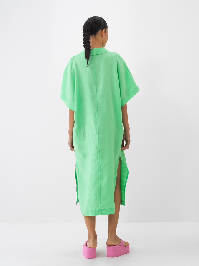 Yeşil %100 Keten Oversize Elbise (4)