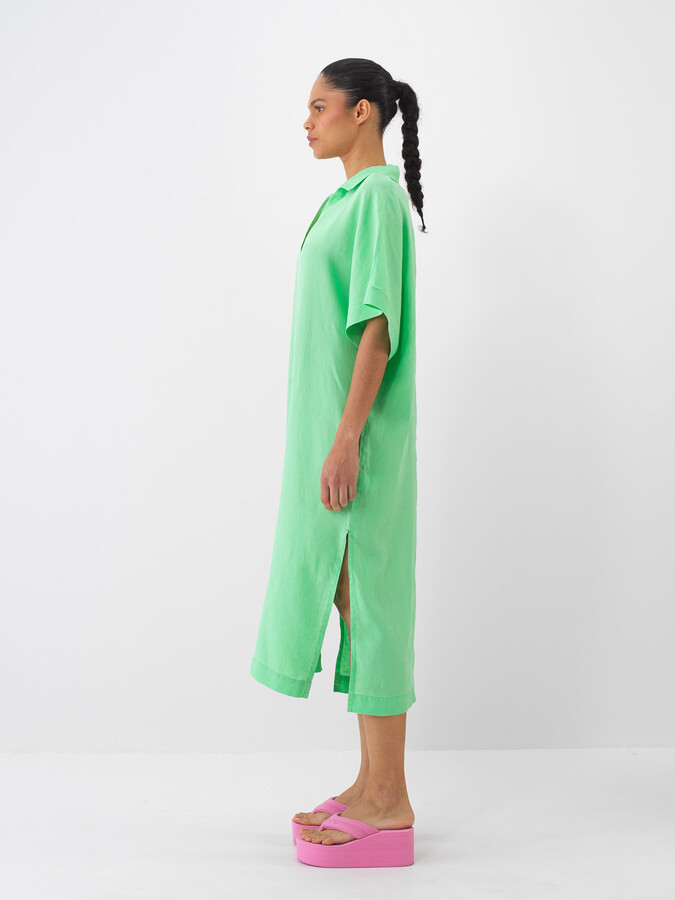 Yeşil %100 Keten Oversize Elbise (3)