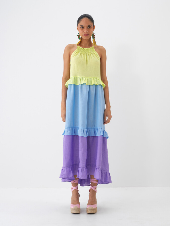 Yeşil %100 Keten Regular Fit Elbise