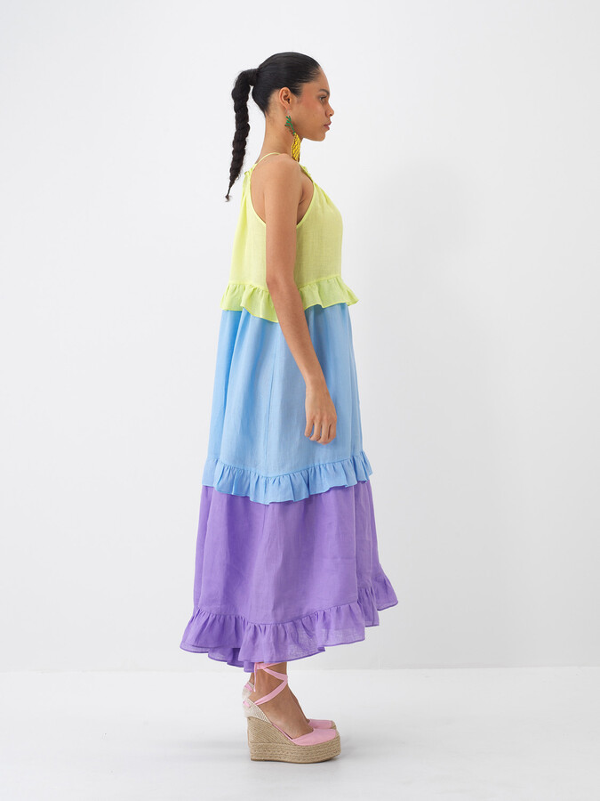 Yeşil %100 Keten Regular Fit Elbise (1)