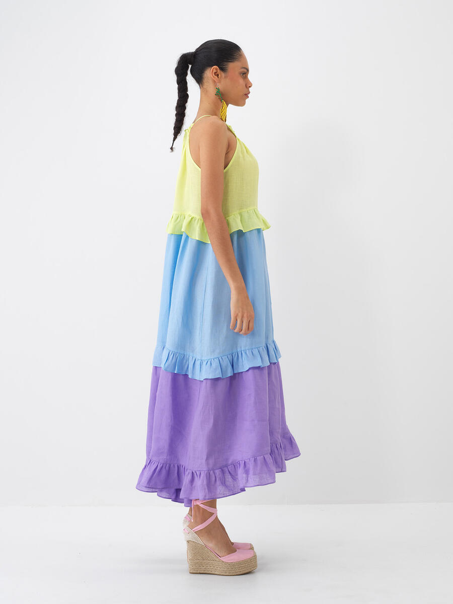 Yeşil %100 Keten Regular Fit Elbise - 2