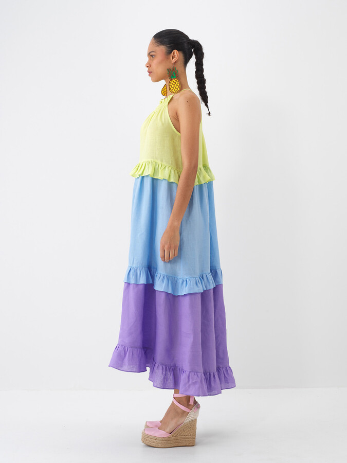 Yeşil %100 Keten Regular Fit Elbise (3)