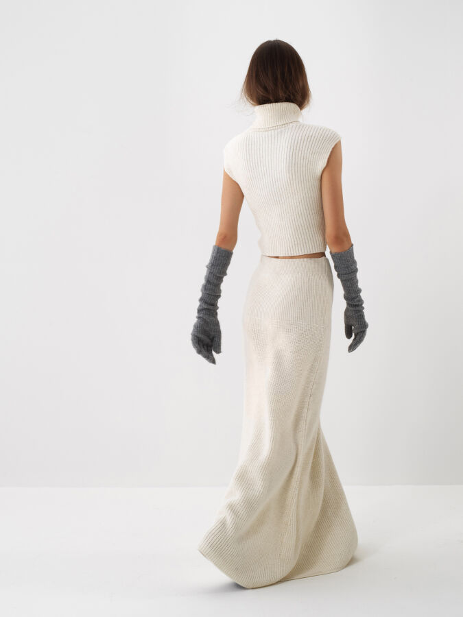 Ekru Doğal Yün Dokulu Regular Fit Etek - Xint