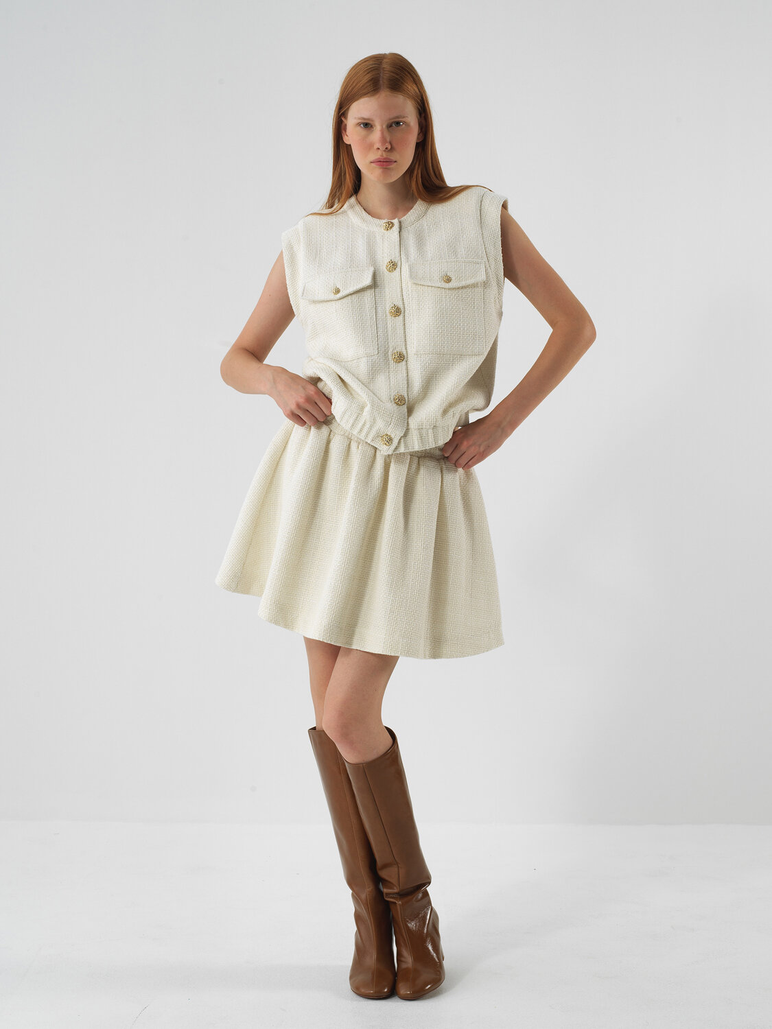 Ekru Işıltılı Lurex Detaylı Oversize Etek - Xint