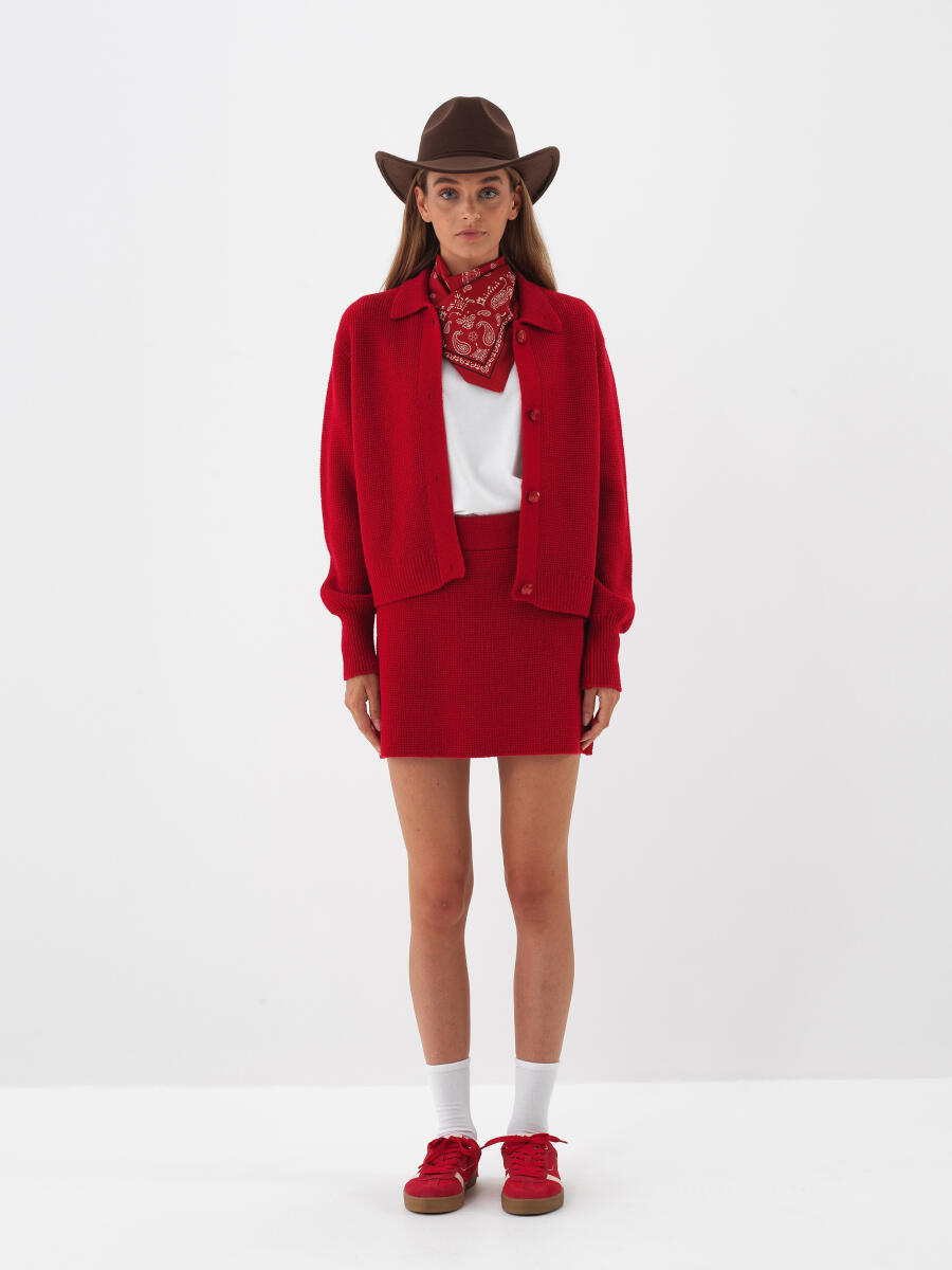 Kırmızı Doğal Yün Dokulu Regular Fit Etek - 3