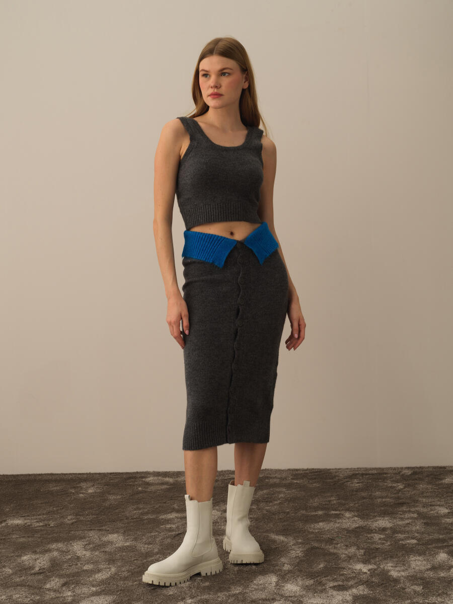 Koyu Gri Lüks Pamuk Dokulu Oversize Etek - 2