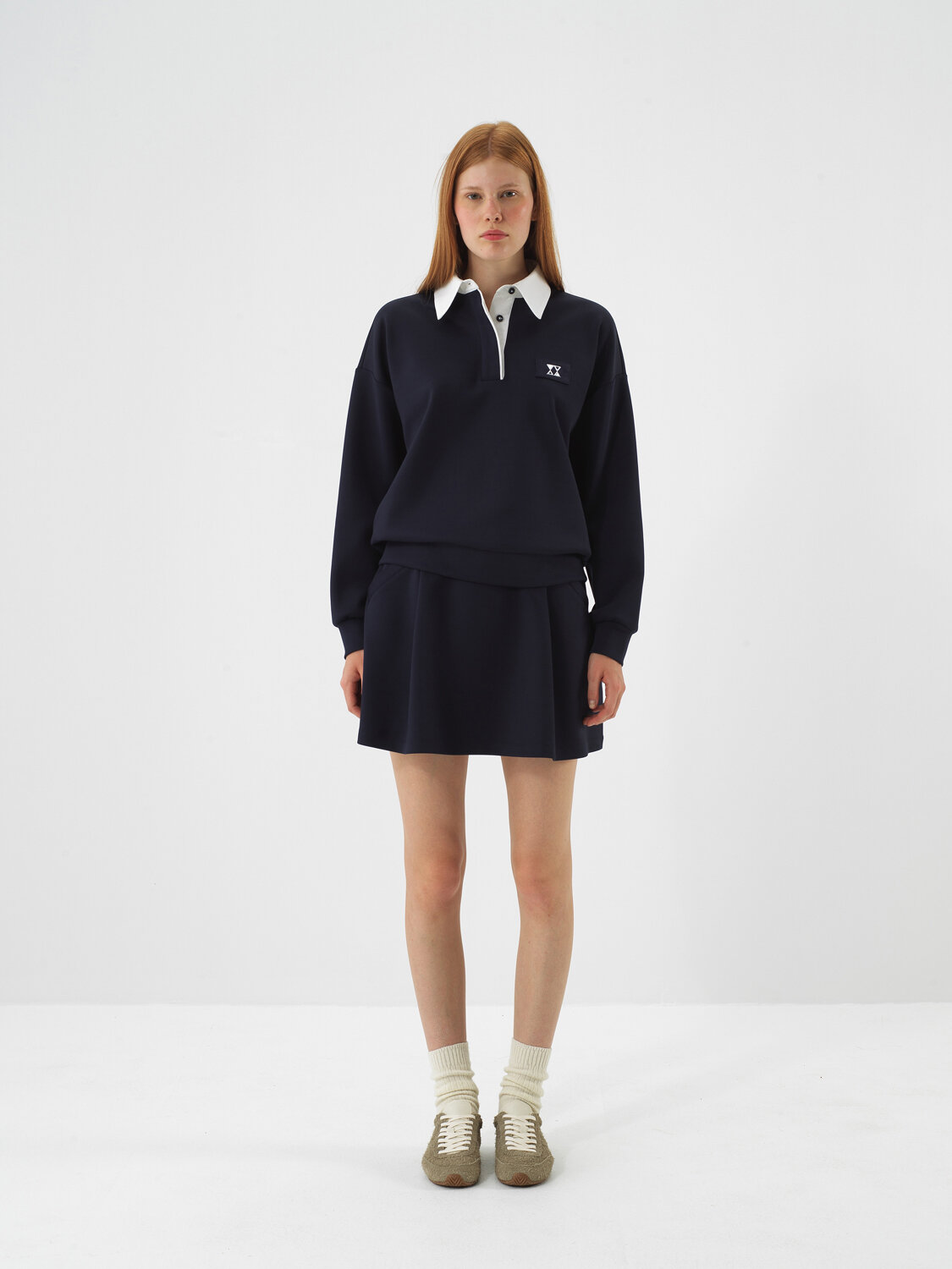 Lacivert Esnek Dokulu Oversize Etek - Xint