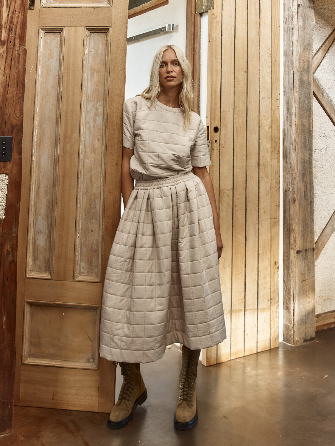 Naturel Kapitone Dokulu Oversize Etek - Xint