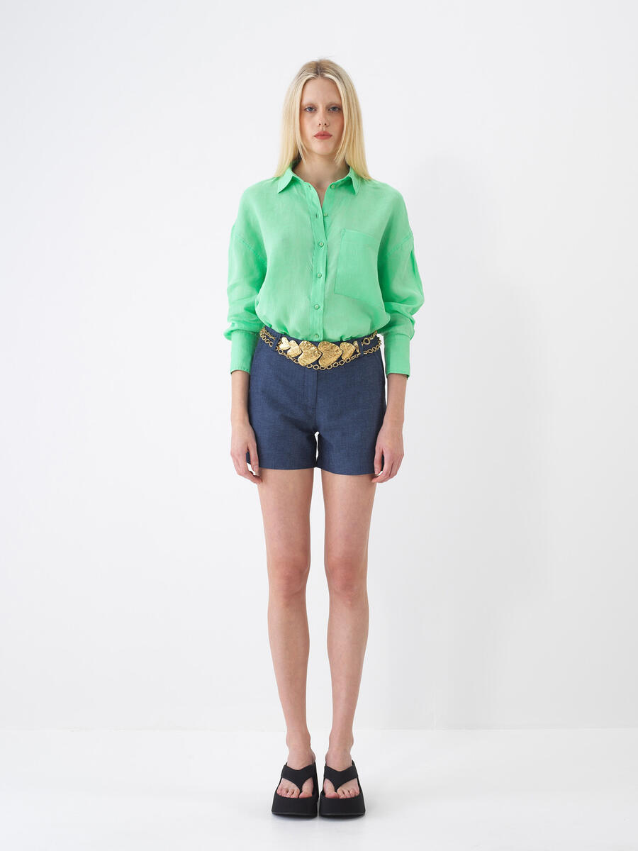 Yeşil %100 Keten Oversize Gömlek - 2