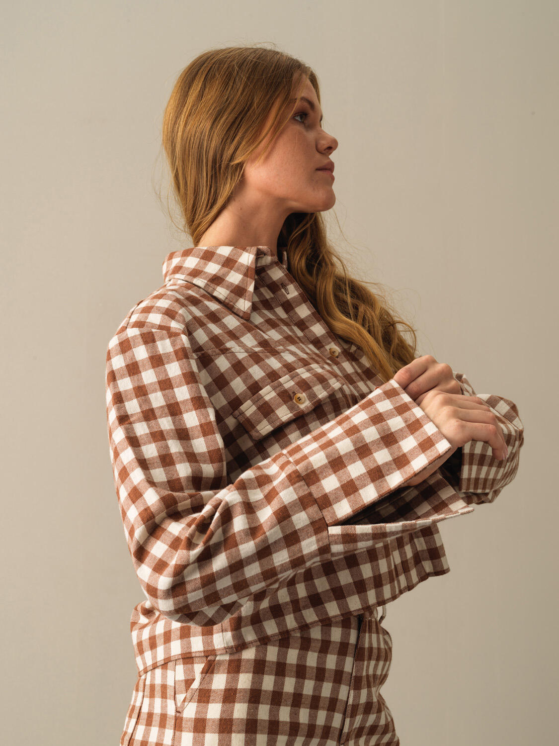 Camel Pamuk Dokulu Oversize Modern Ekose Gömlek  