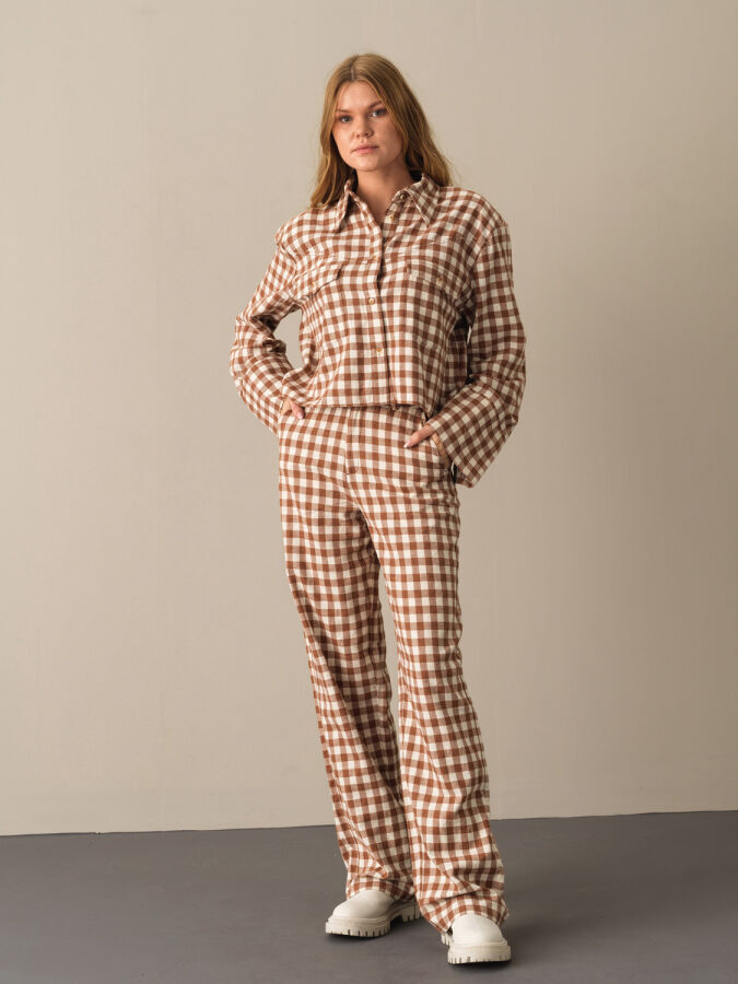 Camel Pamuk Dokulu Oversize Modern Ekose Gömlek - Xint