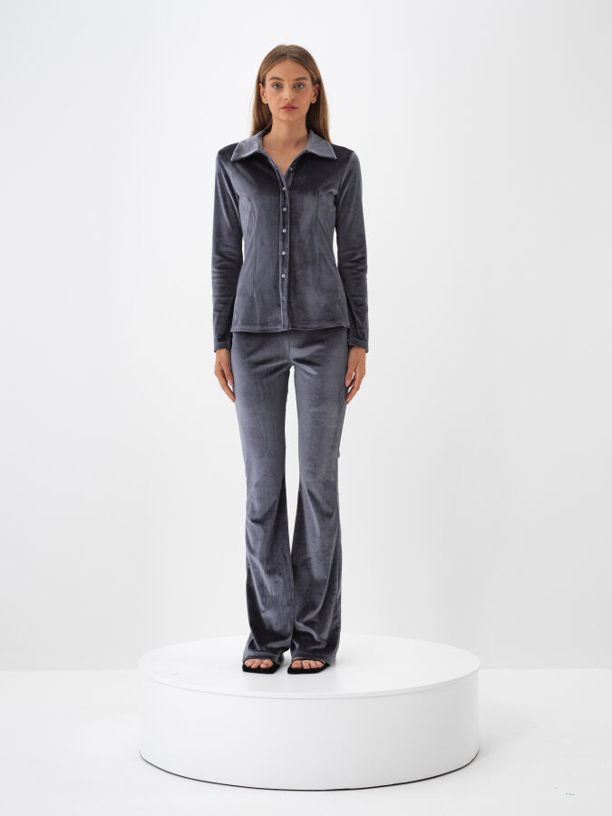 Antrasit Lüks Dokulu Soft Kadife Slim Fit Gömlek - Xint