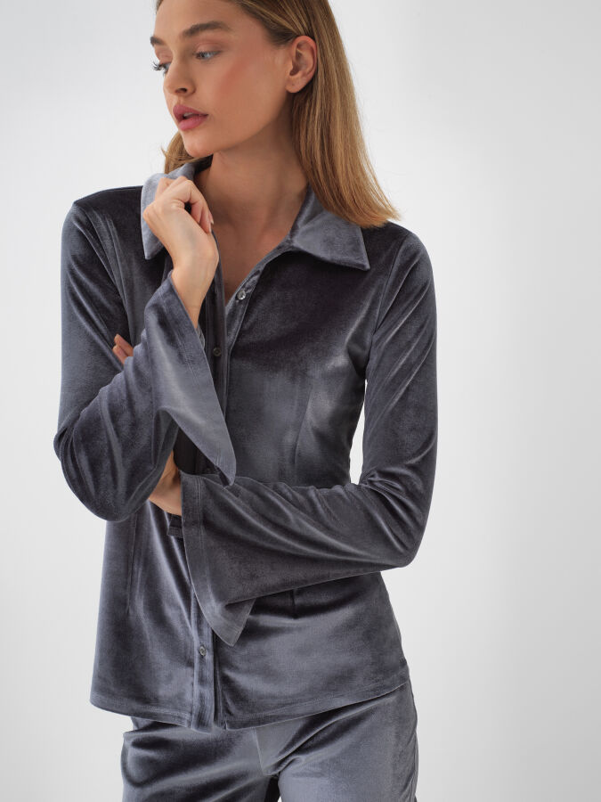 Antrasit Lüks Dokulu Soft Kadife Slim Fit Gömlek - Xint