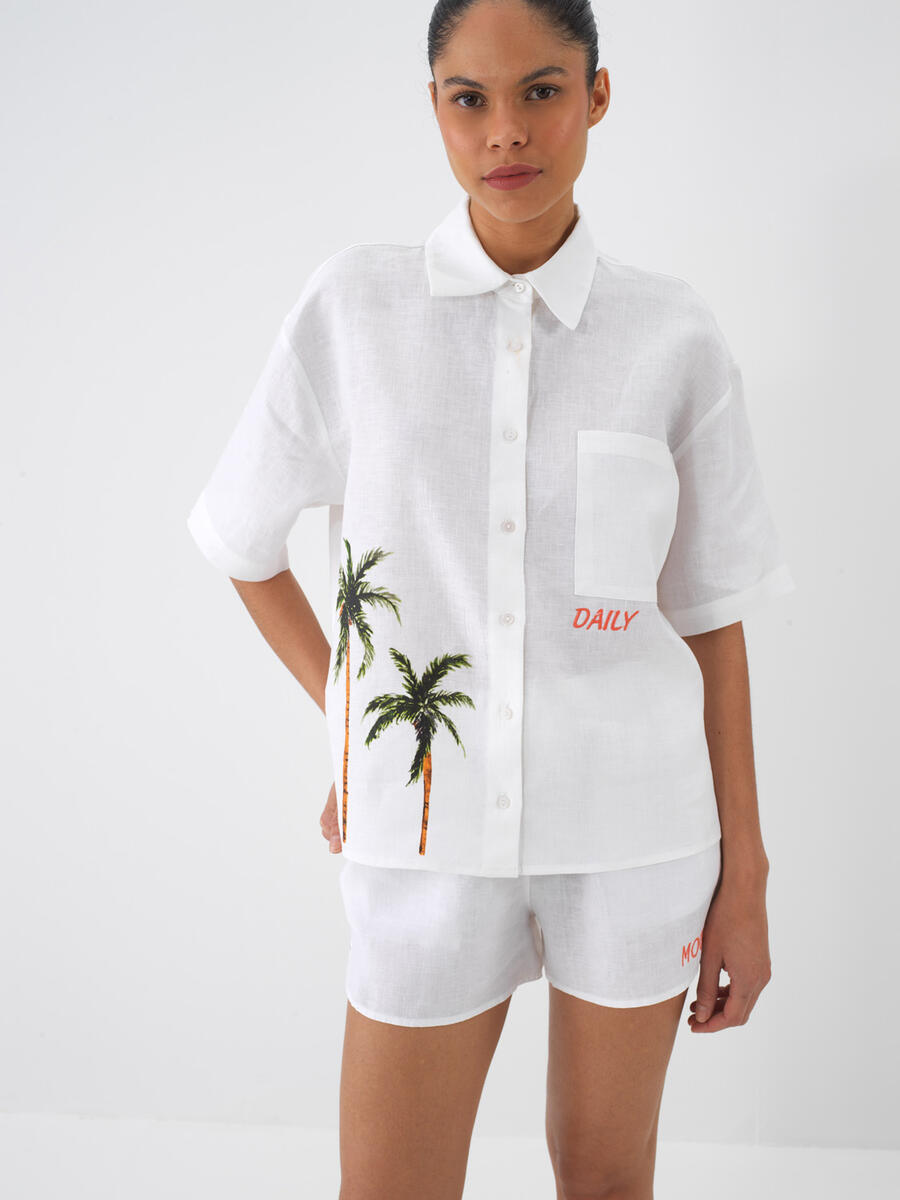 Beyaz %100 Keten Oversize Gömlek - 1