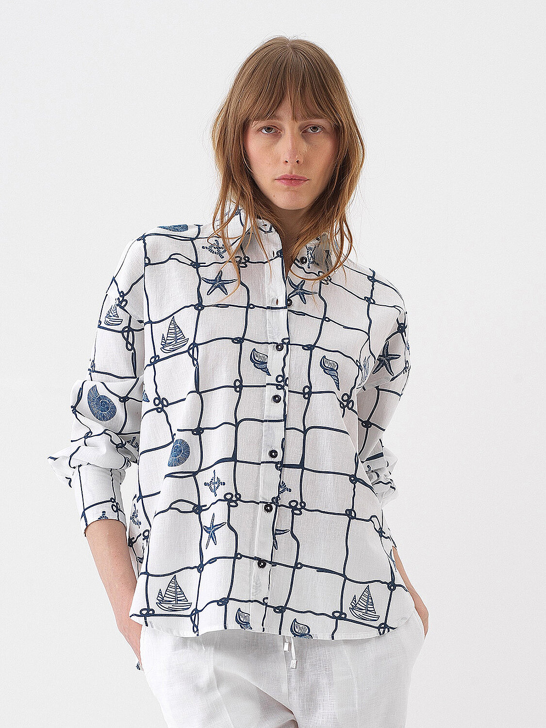 Beyaz Keten Karışımlı Oversize Gömlek