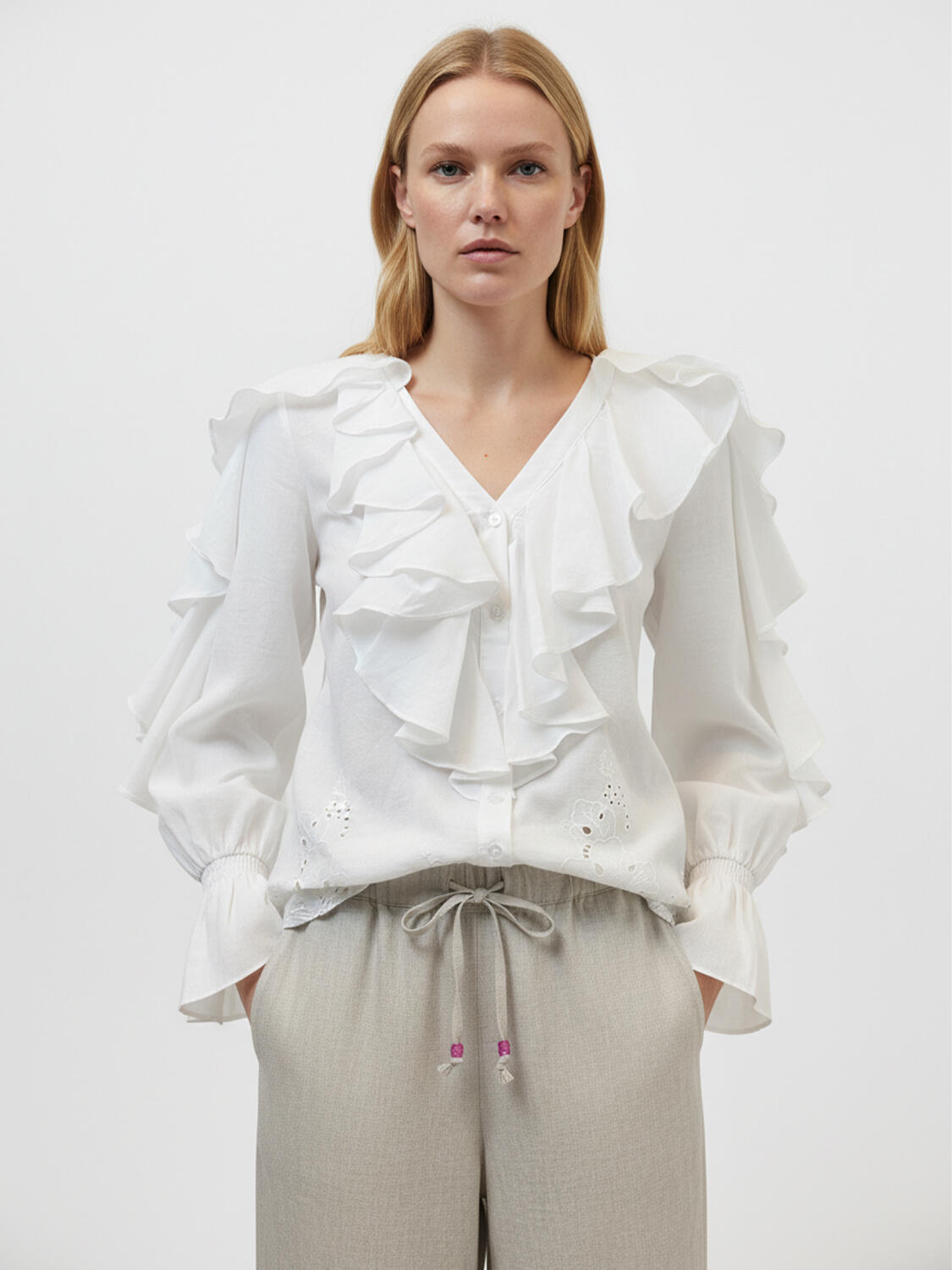 Beyaz Pamuk Dokulu Oversize Gömlek - 1