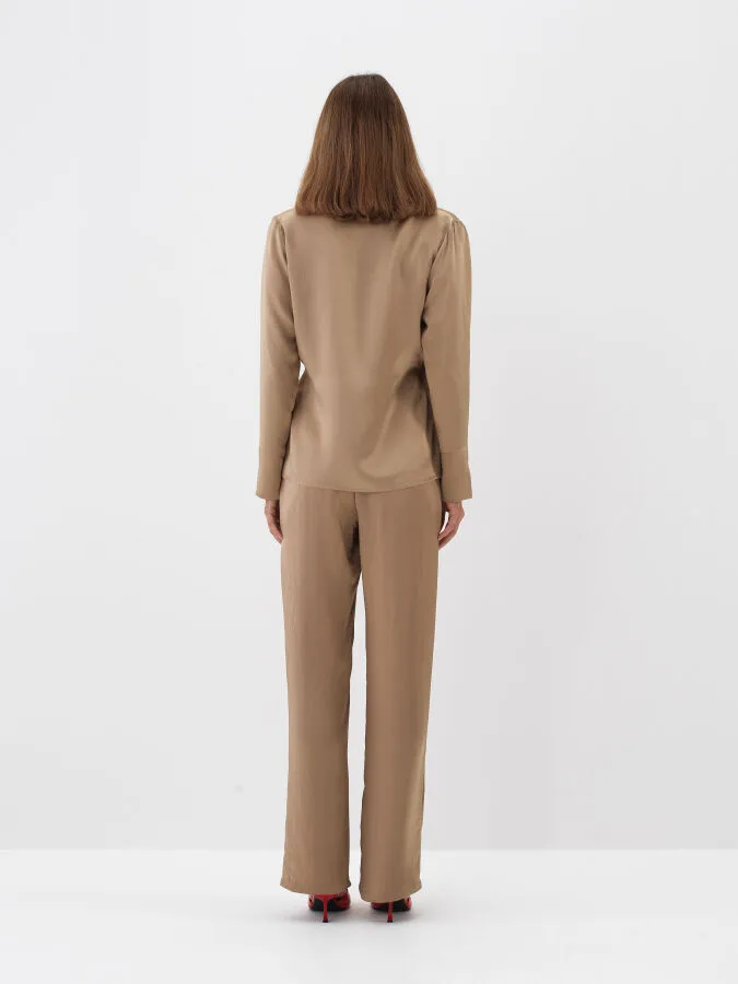 Camel İpeksi Saten Regular Fit Gömlek - Xint