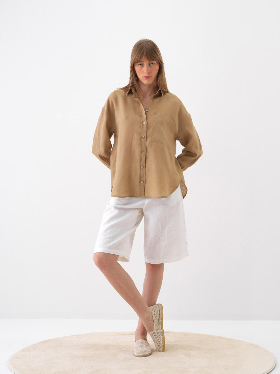 Camel %100 Keten Oversize Gömlek - 2