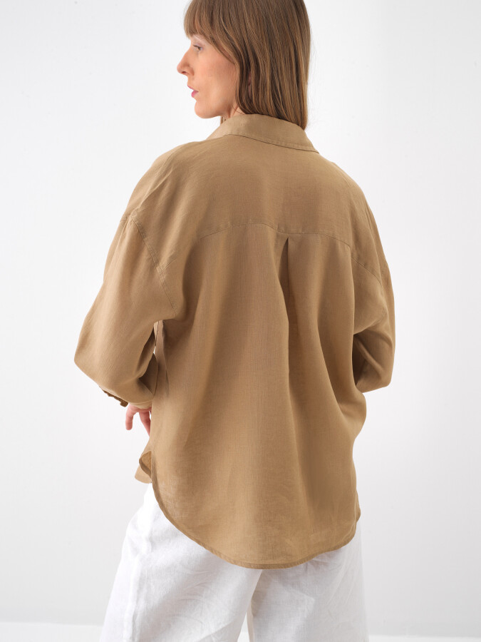 Camel %100 Keten Oversize Gömlek - 3