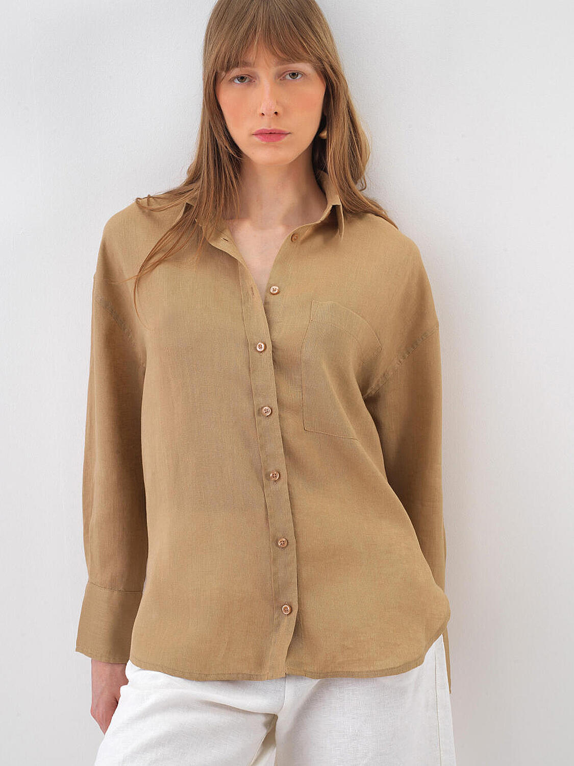 Camel %100 Keten Oversize Gömlek - 1