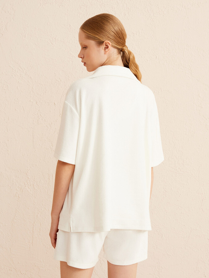 Ekru Oversize Pamuklu Havlu Gömlek - 4