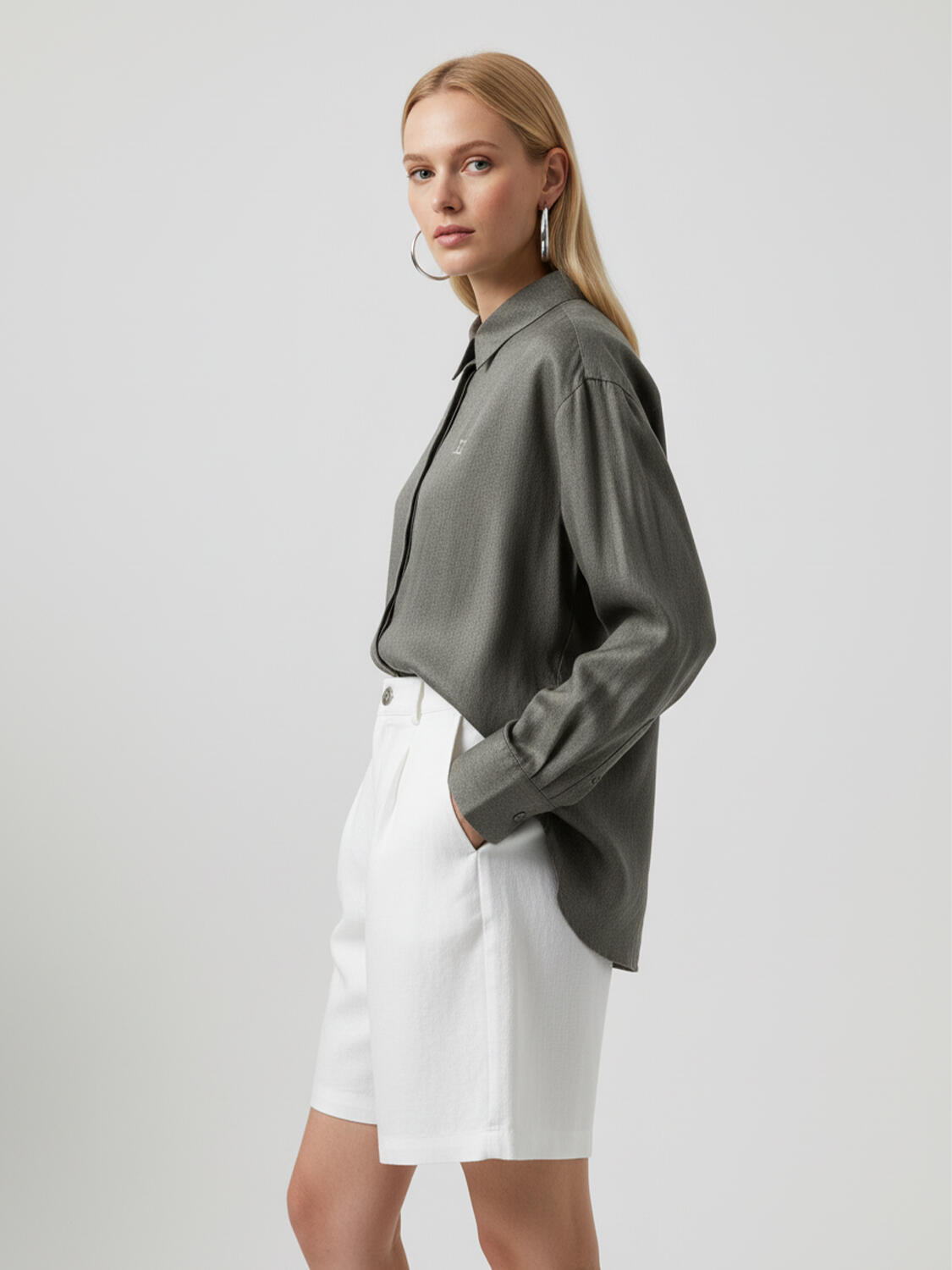 Haki %100 Keten Oversize Gömlek - 3