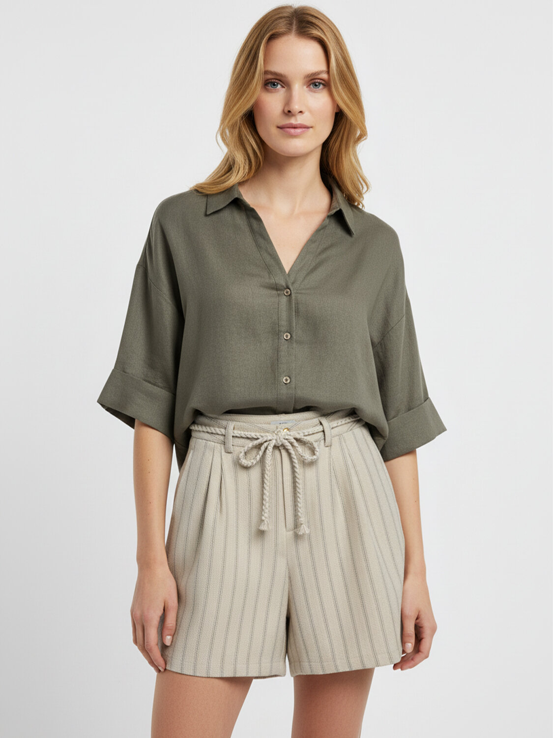 Haki %100 Keten Oversize Gömlek