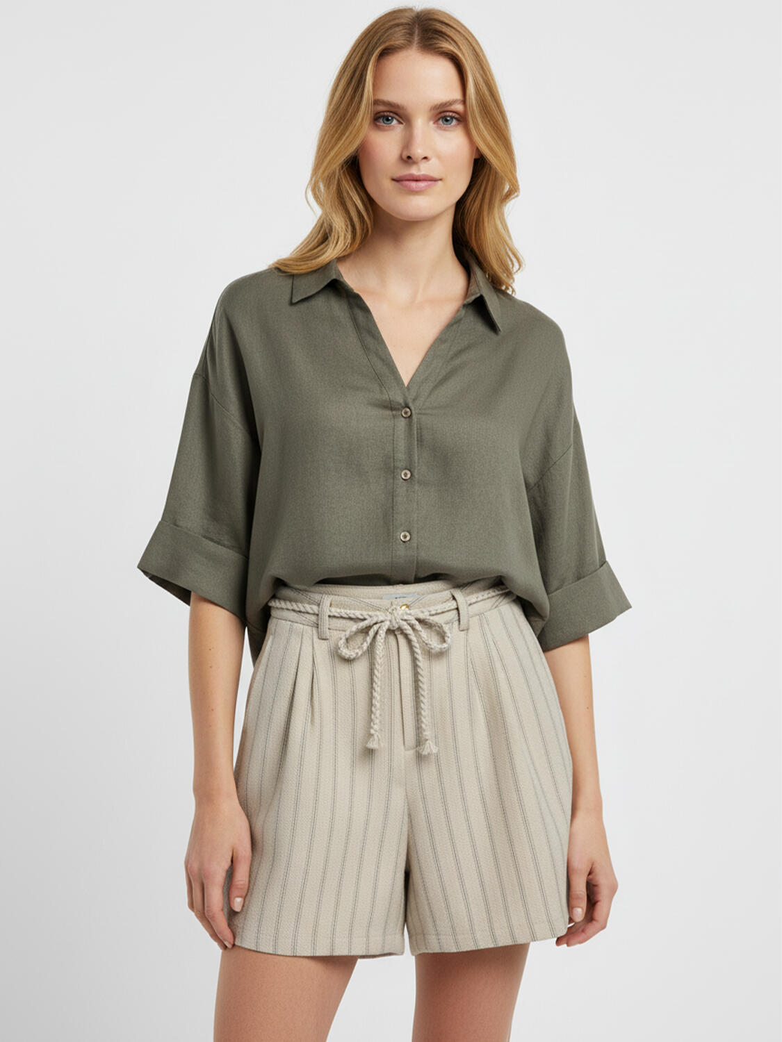 Haki %100 Keten Oversize Gömlek - 1