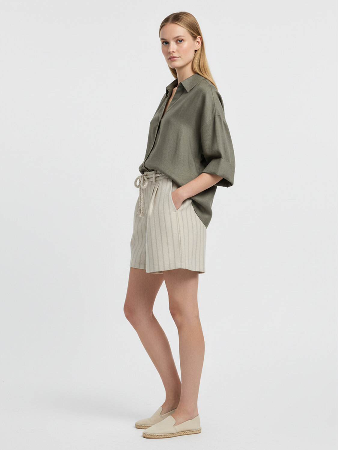 Haki %100 Keten Oversize Gömlek - 3