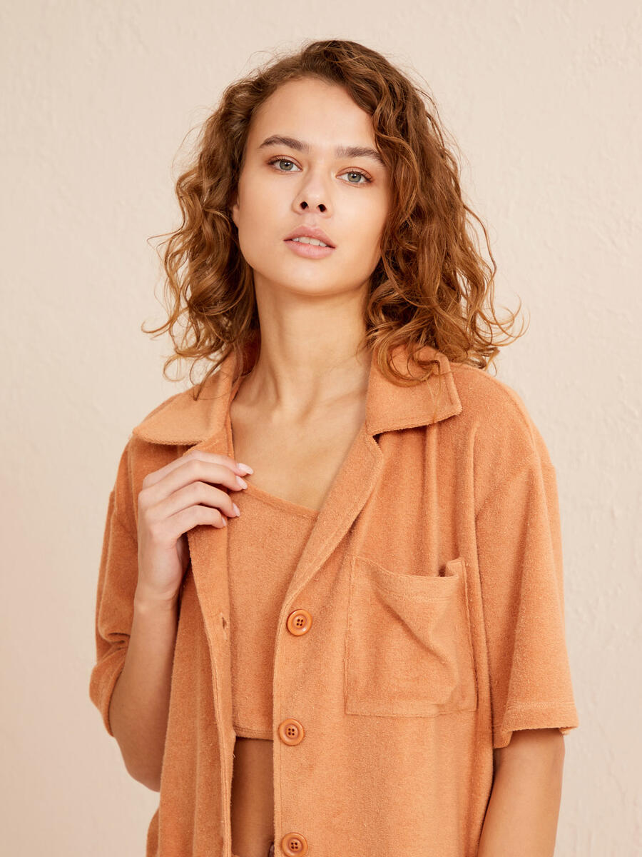 Kahverengi Oversize Pamuklu Havlu Gömlek - 3