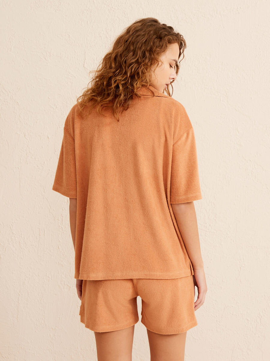 Kahverengi Oversize Pamuklu Havlu Gömlek - 4