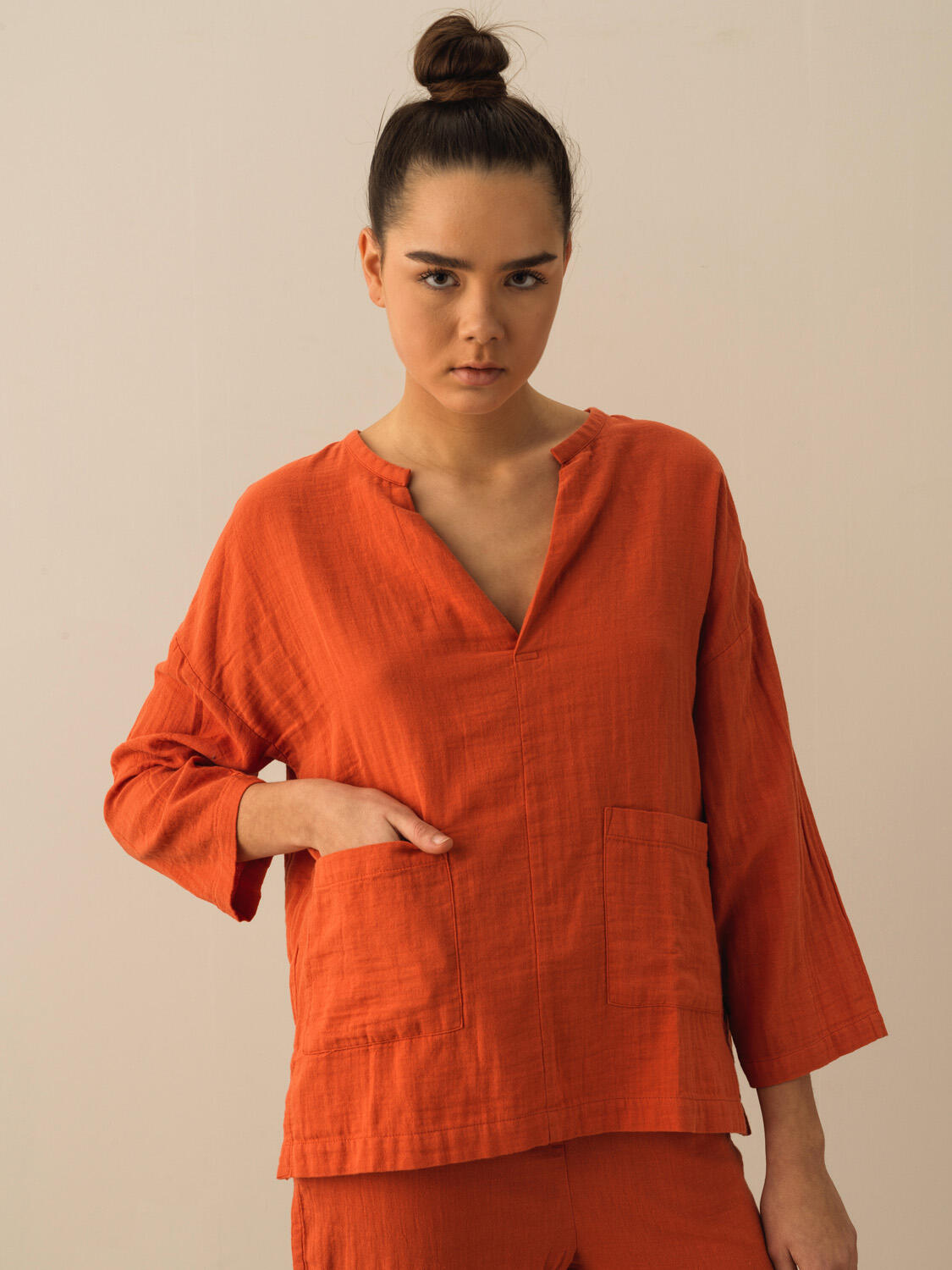 Kiremit Pamuk Dokulu Big Oversize Gömlek