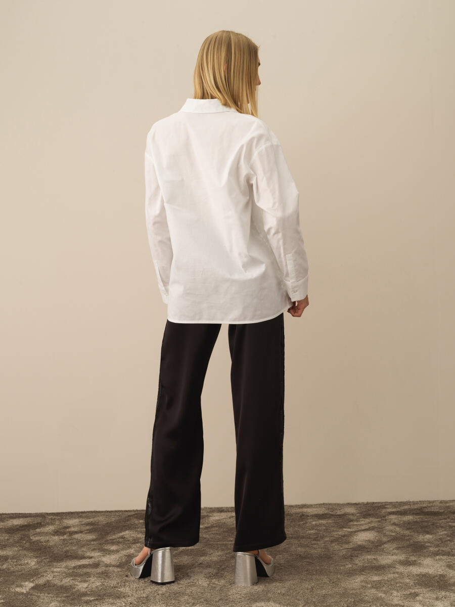 Kırık Beyaz Pamuk Dokulu Oversize Gömlek - 4