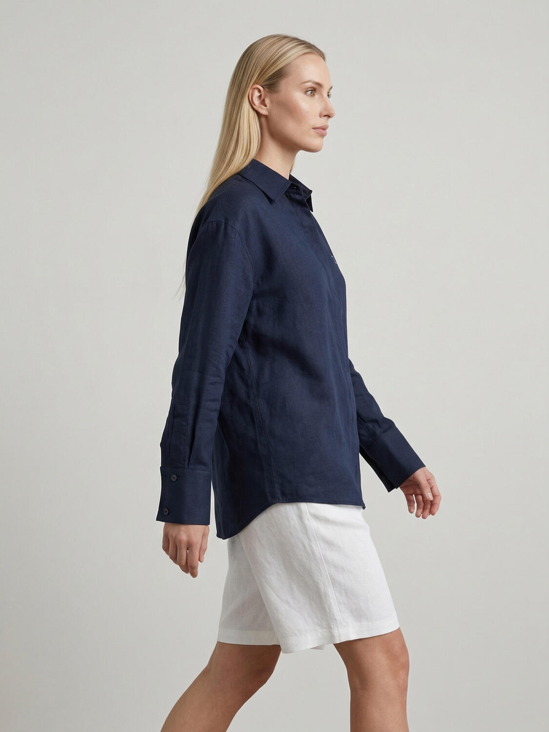 Lacivert %100 Keten Oversize Gömlek - 3