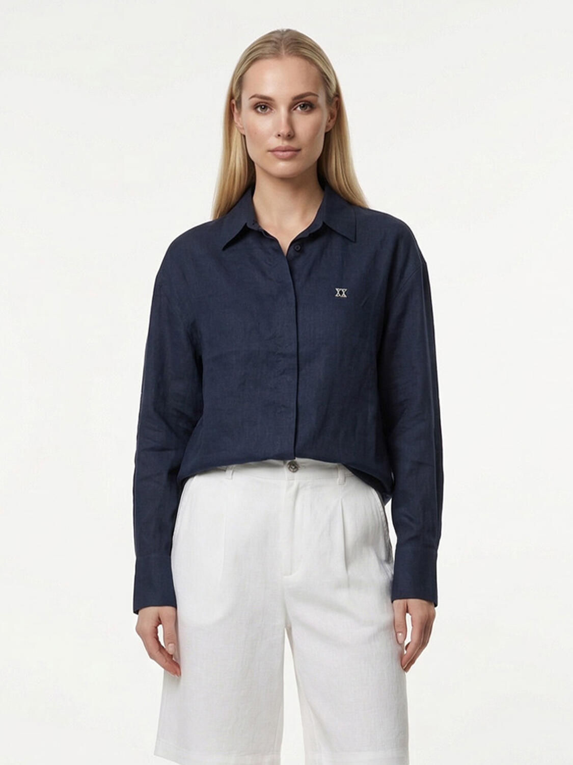 Lacivert %100 Keten Oversize Gömlek - 1