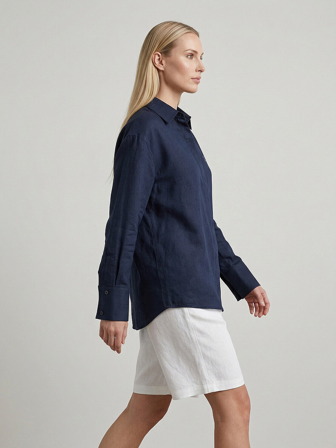 Lacivert %100 Keten Oversize Gömlek (3)