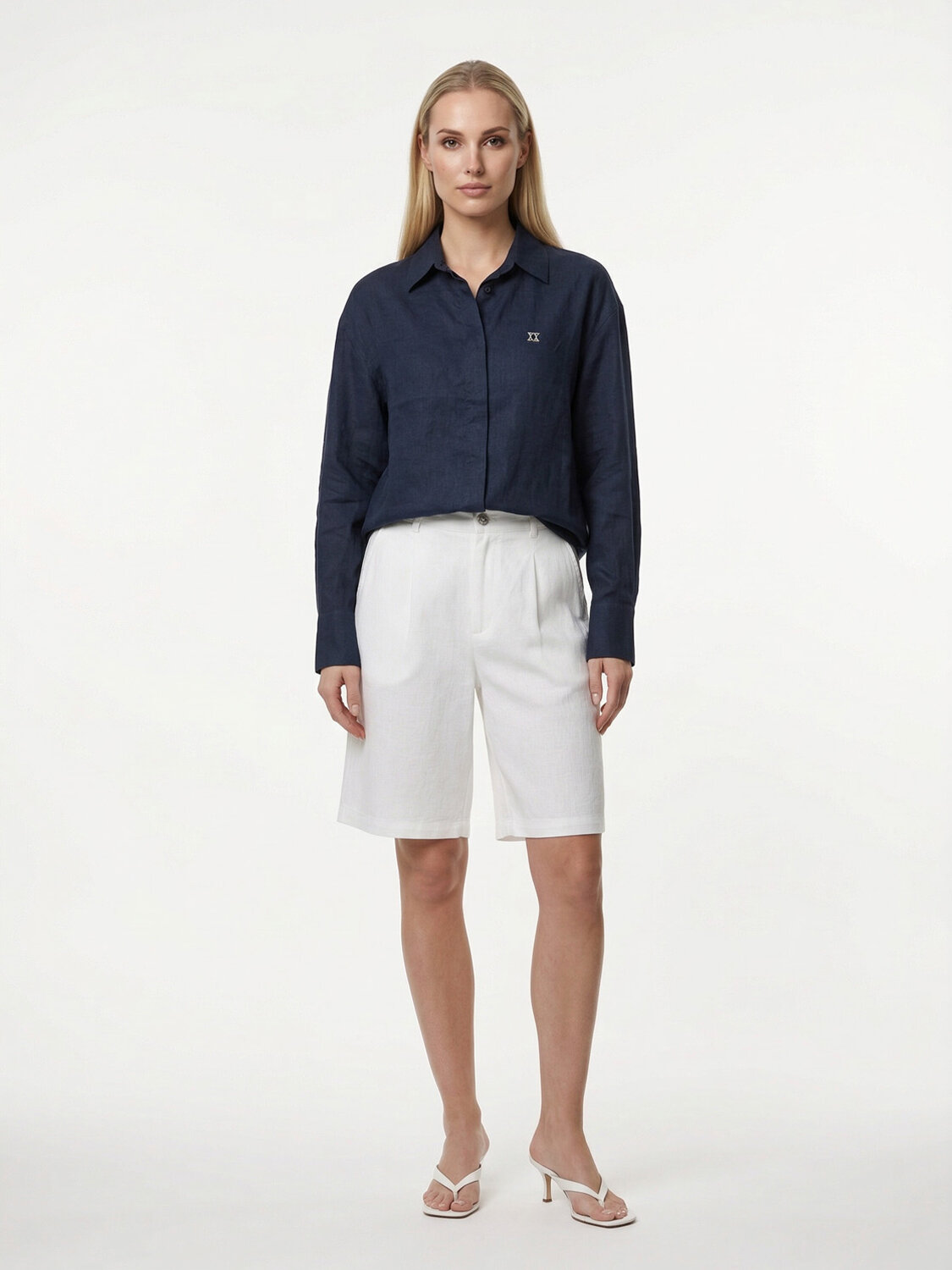 Lacivert %100 Keten Oversize Gömlek (1)