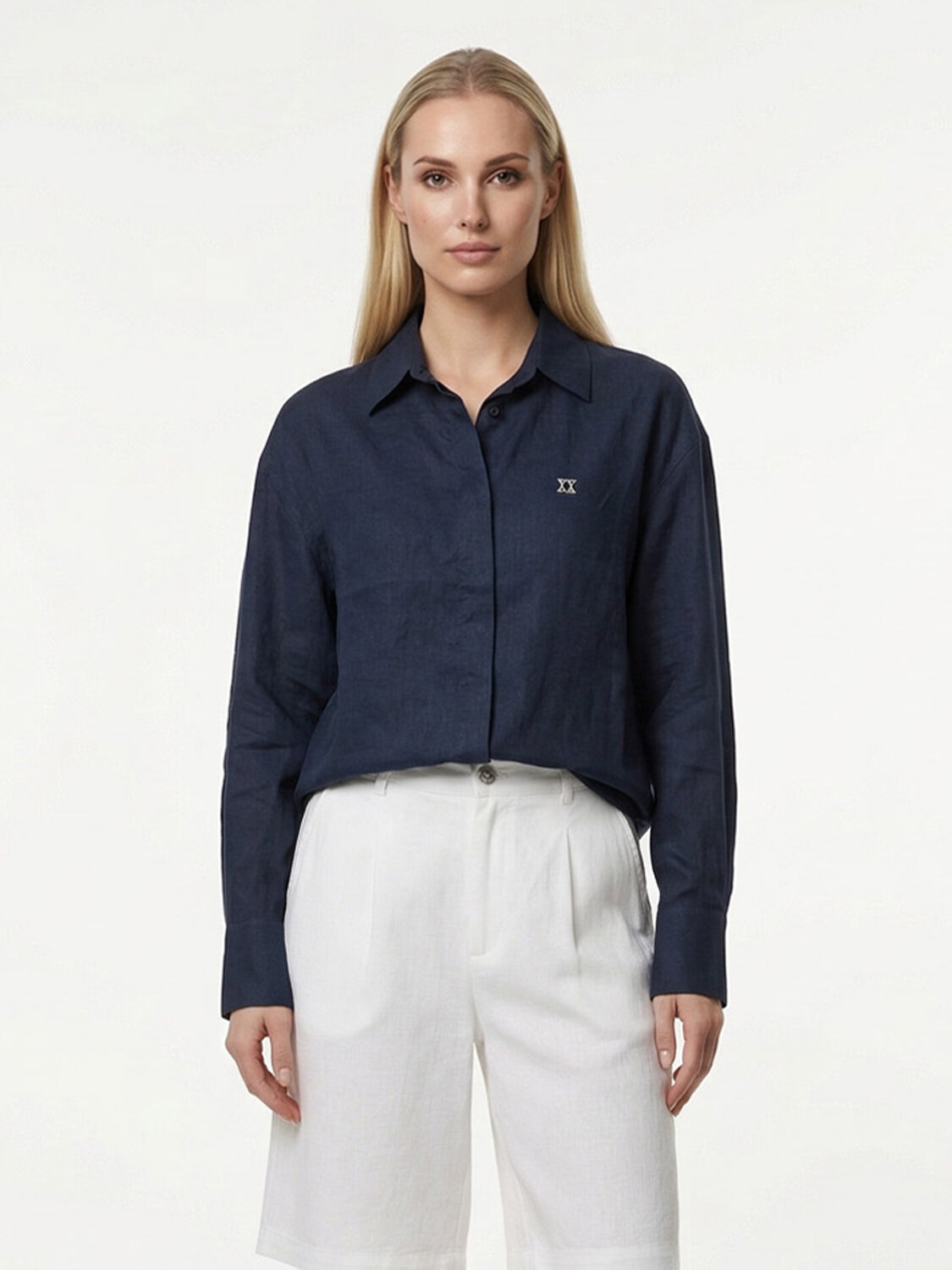 Lacivert %100 Keten Oversize Gömlek