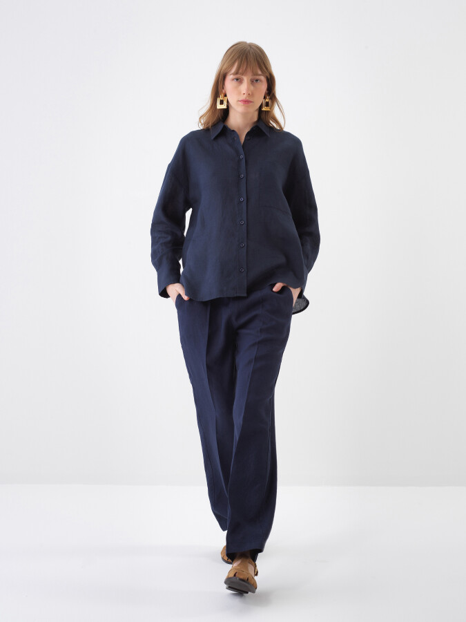 Lacivert %100 Keten Oversize Gömlek (1)