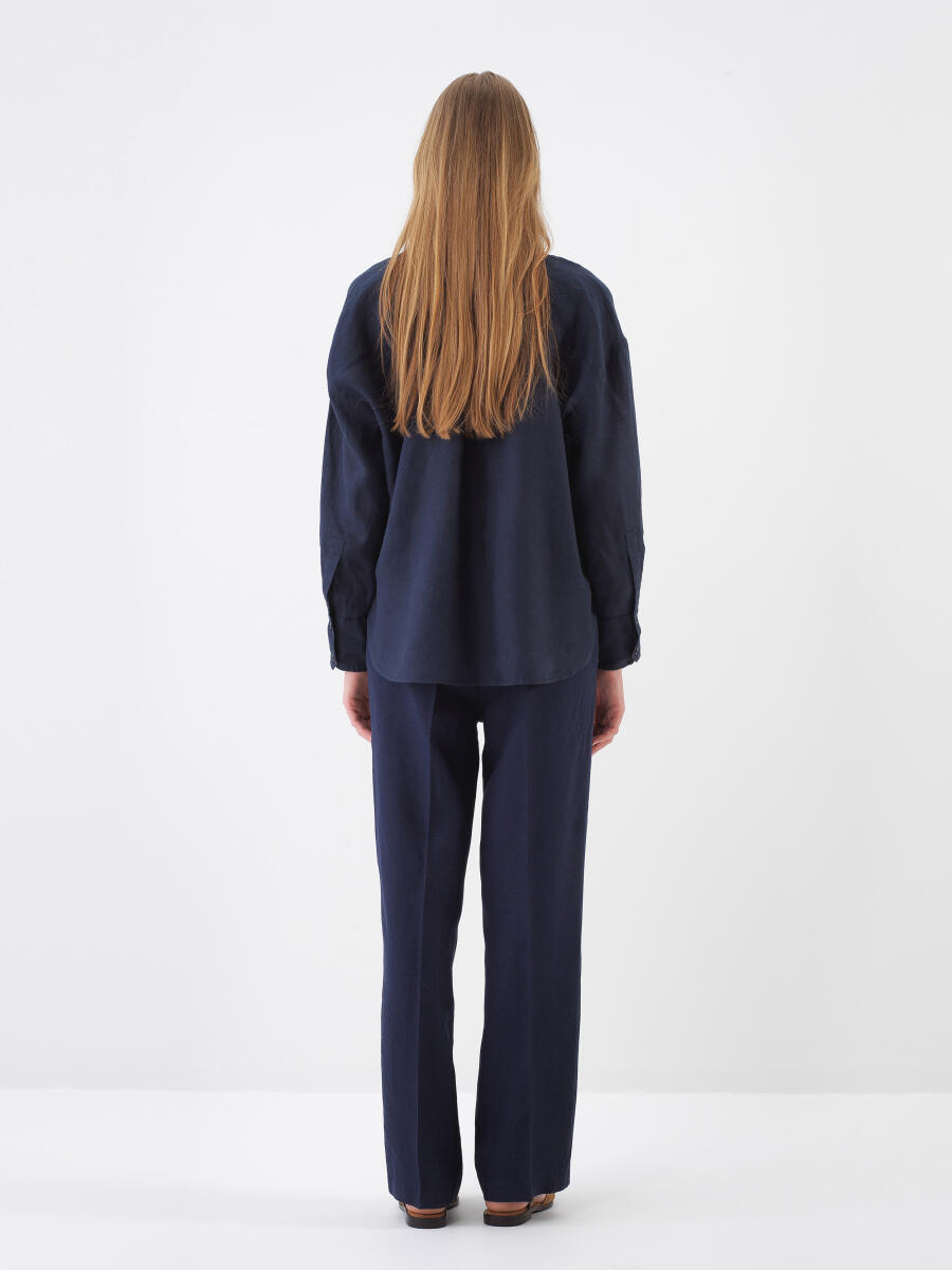 Lacivert %100 Keten Oversize Gömlek - 6