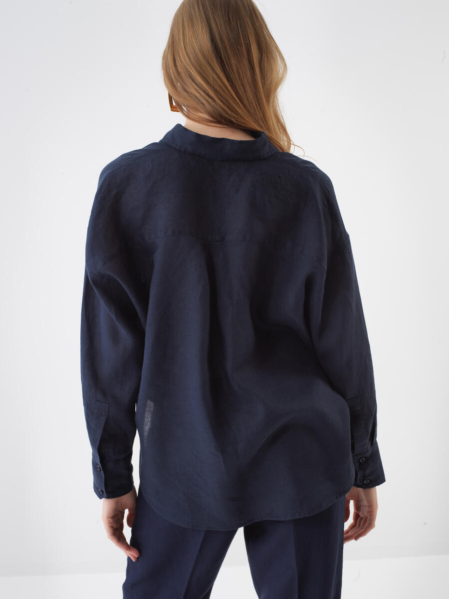 Lacivert %100 Keten Oversize Gömlek - 5