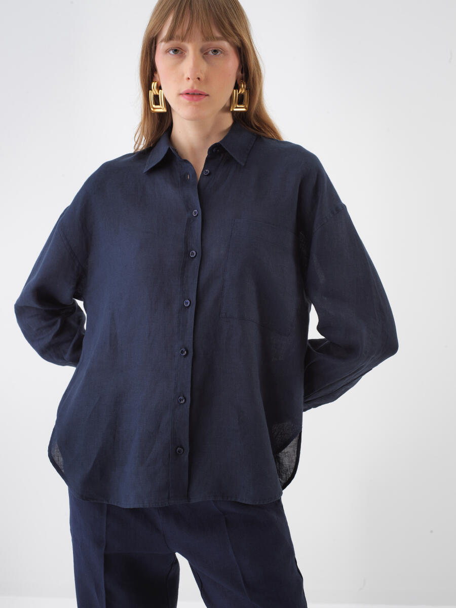 Lacivert %100 Keten Oversize Gömlek - 4
